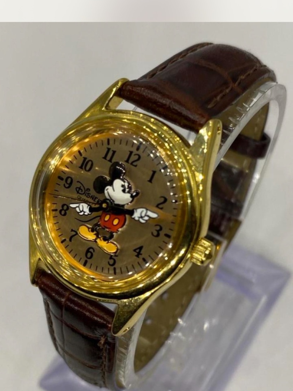 ^^^ Disney ***3d Mickey Mouse Gold Tone Watch” Tan Brown Leather Strap  ***